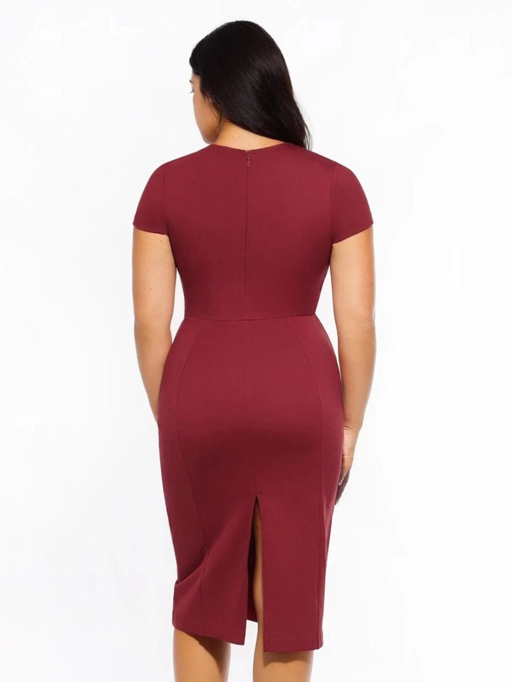 Popilush SculptWear Fitted Sheath Dress Sz XL Midi Burgundy Short Sleeve - Picture 3 of 7
